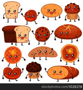 Bread characters. Funny bakery food faces icons, emoji cupcakes, pretzel and biscuit, cookie and loaf, fresh muffin cartoon biscuits vector tasty sweets pastry set. Bread characters. Funny bakery food faces icons, emoji cupcakes, pretzel and biscuit, cookie and loaf, fresh muffin cartoon biscuits vector set