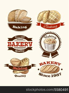Bread cup cake and croissant pastry vintage bakery food labels vector illustration