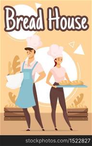 Bread house poster vector template. Couple of bakers. Bakery. Bakehouse. Brochure, cover, booklet page concept design with flat illustrations. Advertising flyer, leaflet, banner layout idea