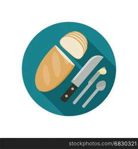 Bread icon. Bread icon with knife in flat style.