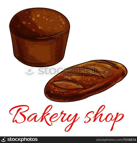 Bread icons for bakery shop. Vector pencil sketch of round rye bread and wheat bread loaf. Bread sketch icons for bakery shop