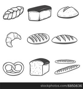 Bread icons illustrations isolated on white background. Design elements for restaurant menu, poster, emblem, sign. Vector illustration.
