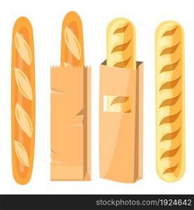 Bread in a paper bag. Packed French Baguette, loaf. Vector illustration in flat style.. Bread in a paper bag.