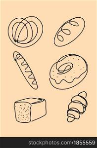 Bread in Continuous Line Art Style. Sketchy Croissant, Donut, Pretzel, Bun. Cereal Art. Vector Illustration.. Bread in Continuous Line Art Style. Sketchy Croissant, Donut, Pretzel, Bun. Cereal Art.