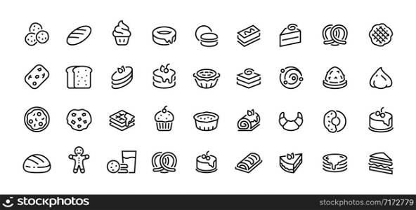 Bread line icons. Bakery and dessert with croissant muffin donut pizza sandwich cookies and cakes. Vector illustration sweet bakery linear symbols set on white. Bread line icons. Bakery and dessert with croissant muffin donut pizza sandwich cookies and cakes. Vector bakery symbols set