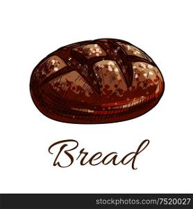 Bread loaf icon for bakery shop emblem. Round rye bread bun. Vector color pencil sketch. Bread loaf sketch icon for bakery shop