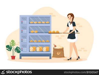Bread Mill Illustration with Wheat Sacks, Various Breads and Windmill for Web Banner or Landing Page in Flat Cartoon Hand Drawn Templates