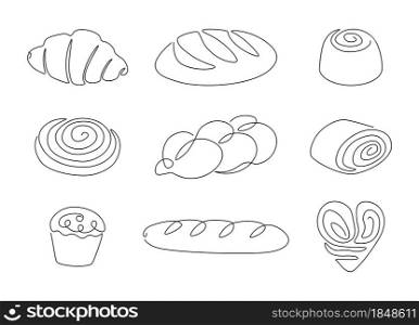 Bread one line. Continuous line pretzel, croissant, baguette, bagel, muffin, loaf, cinnamon roll, bakery concept. Vector isolated set collection freshness bun and bread. Bread one line. Continuous line pretzel, croissant, baguette, bagel, muffin, loaf, cinnamon roll, bakery concept. Vector isolated set