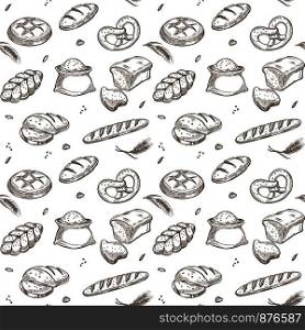 Bread or bakery cereals sketch pattern background. Vector seamless design of flour bag, wheat spike seeds or pretzel bun and wheat bagel, croissant and loaf for baker shop. Bakery bread and cereals vector sketch pattern
