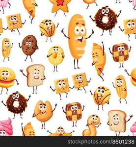 Bread, pastry and confectionery cartoon funny characters seamless pattern. Vector background with donut, chocolate, shortbread and crumbly cookies, burger, toast, cracker, croissant bakery personages. Bread, pastry and confectionery seamless pattern