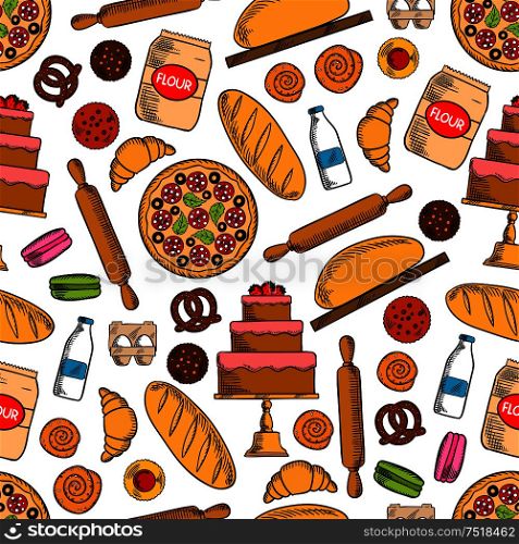 Bread, pepperoni pizza, cake, cupcake, croissant, cinnamon bun, macaron, pretzel, flour, milk, eggs and rolling pin seamless pattern background Bakery and pastry shop baking concept design. Bakery products with ingredients seamless pattern