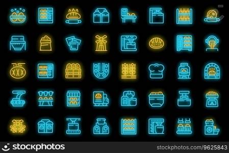 Bread production icons set outline vector. Cake machine. Oven pastry neon color on black. Bread production icons set vector neon