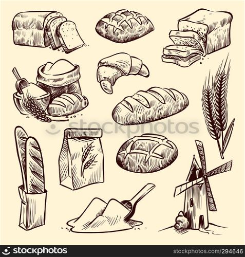 Bread sketch. Flour mill baguette french bake bun food wheat traditional bakery basket grain pastry toast slice, vector hand drawn set. Bread sketch. Flour mill baguette french bake bun food wheat traditional bakery basket grain pastry toast slice set