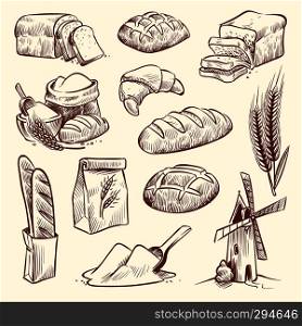 Bread sketch. Flour mill baguette french bake bun food wheat traditional bakery basket grain pastry toast slice, vector hand drawn set. Bread sketch. Flour mill baguette french bake bun food wheat traditional bakery basket grain pastry toast slice set