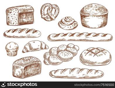 Bread sketches with long loaves, baguette, wheat and rye bread, croissant, cupcake, pretzel, cinnamon roll and braided bun. Bakery and pastry products in vintage engraving style for food design. Bread and bakery sketch icons