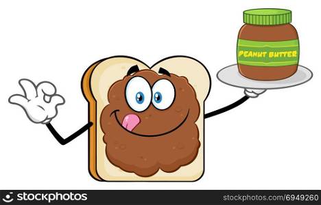 Bread Slice Cartoon Mascot Character With Peanut Butter Holding A Jar Of Peanut Butter. Illustration Isolated On White Background