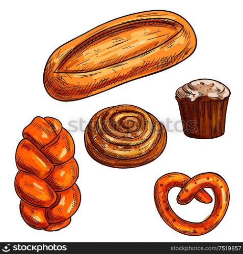 Bread sorts and bakery products icons. Vector pencil sketch ciabatta bread, cinnamon roll, muffin, baguette bagel, pretzel. Bread sorts and bakery products pencil sketch