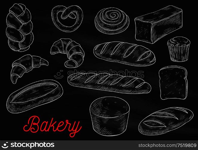 Bread sorts and bakery products. Vector chalk sketch on blackboard. Rye bread, ciabatta, wheat bread, muffin, bun, bagel, sliced bread, french baguette croissant pretzel. Bread sorts and bakery products sketch
