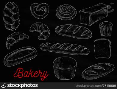 Bread sorts and bakery products. Vector chalk sketch on blackboard. Rye bread, ciabatta, wheat bread, muffin, bun, bagel, sliced bread, french baguette croissant pretzel. Bread sorts and bakery products sketch