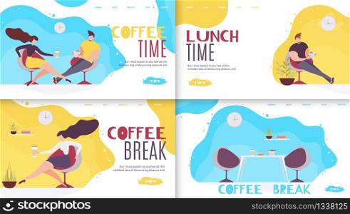 Break and Rest Time in Office Landing Page Set. Cartoon Business People Characters Having Lunch, Drinking Coffee, Talking and Relaxing Along at Comfortable Workplace. Vector Flat Illustration. Break and Rest Time in Office Landing Page Set