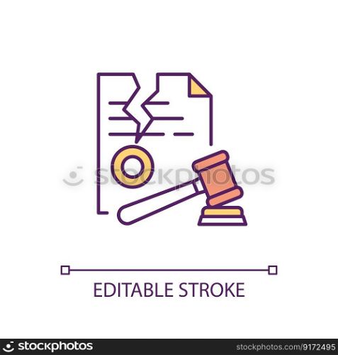 Break contract according to court decision RGB color icon. End of commercial relationship. Legal documents regulation. Isolated vector illustration. Simple filled line drawing. Editable stroke. Break contract according to court decision RGB color icon