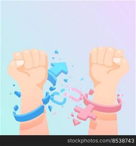 Break gender norms illustration with fist destroying gender signs