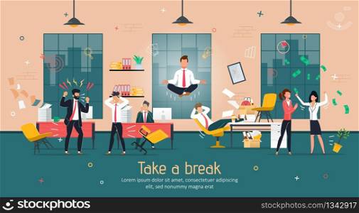 Break in Intensive Office Work, Stress Relief and Concentration Recovery Trendy Flat Vector Banner, Poster Template. Pacified Businessman, Company Employee Flying Over Worried Colleagues Illustration
