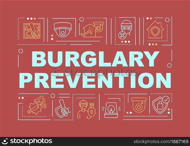 Break in prevention word concepts banner. Property protection. Infographics with linear icons on red background. Isolated creative typography. Vector outline color illustration with text. Break in prevention word concepts banner