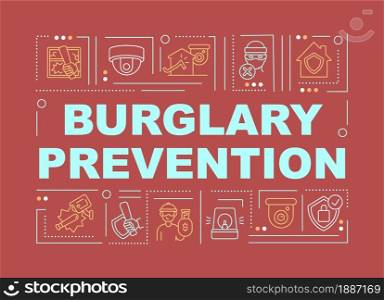 Break in prevention word concepts banner. Property protection. Infographics with linear icons on red background. Isolated creative typography. Vector outline color illustration with text. Break in prevention word concepts banner