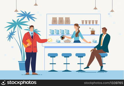 Break in Work for Lunch, Meeting with Business Partner in Coffee Shop Concept. Businessman Relaxing in Cafeteria, Saleswoman at Counter Pouring Hot Coffee to Client Trendy Flat Vector Illustration