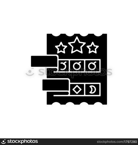 Break open lottery ticket black glyph icon. Paper-style game. Instant prizes for winning combinations. Revealing matching symbols. Silhouette symbol on white space. Vector isolated illustration. Break open lottery ticket black glyph icon