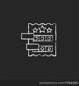 Break open lottery ticket chalk white icon on dark background. Paper-style game. Instant prizes for winning combinations. Revealing matching symbols. Isolated vector chalkboard illustration on black. Break open lottery ticket chalk white icon on dark background