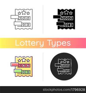 Break open lottery ticket icon. Paper-style game. Instant prizes for winning combinations. Revealing matching symbols for cash win. Linear black and RGB color styles. Isolated vector illustrations. Break open lottery ticket icon