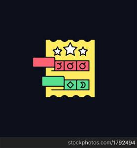 Break open lottery ticket RGB color icon for dark theme. Paper-style game. Prizes for winning combinations. Isolated vector illustration on night mode background. Simple filled line drawing on black. Break open lottery ticket RGB color icon for dark theme