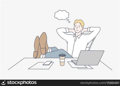 Break, rest, dream, business concept. Young happy confident business man, leader, boss, teacher, lawyer, manager dreaming in office. Recreation after work process. Simple flat vector illustration.. Break, rest, dream, business concept