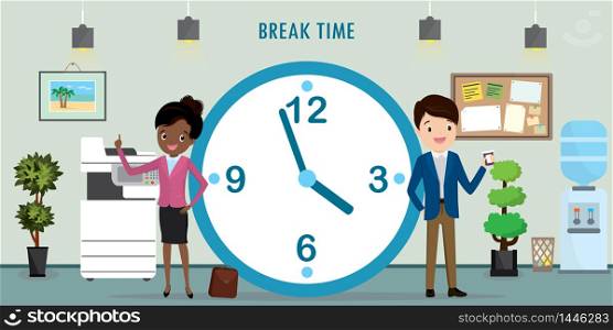 Break time background. Businesspeople and big watch. Time management. Office interior. Vector