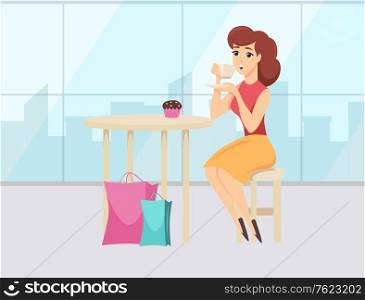 Break time with coffee and dessert of woman shopper. Female character sitting in cafe with colorful packages, shopping day, lady with purchase vector. Flat cartoon. Shopping Day, Woman Drinking Coffee, Store Vector