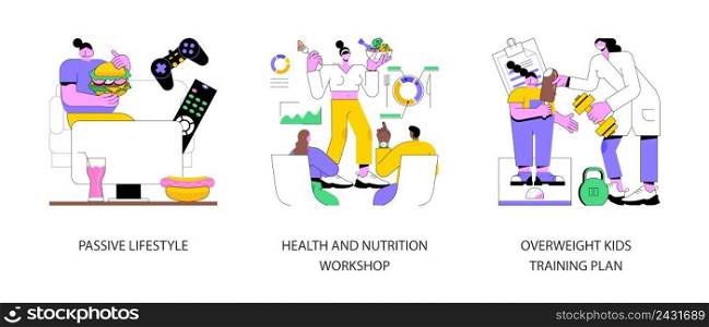 Break unhealthy habits abstract concept vector illustration set. Passive lifestyle, health and nutrition workshop, overweight kids training plan, child obesity, junk food, workout abstract metaphor.. Break unhealthy habits abstract concept vector illustrations.