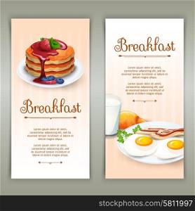 Breakfast 2 vertical banners set. Full standard breakfast menu variants 2 flat vertical banners set with fried eggs abstract isolated vector illustration