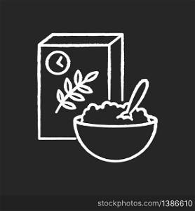 Breakfast and cereal chalk white icon on black background. Fresh muesli in bowl. Flakes products for eating in morning. Lunch meal in box package. Isolated vector chalkboard illustration. Breakfast and cereal chalk white icon on black background
