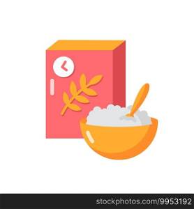 Breakfast and cereal vector flat color icon. Fresh muesli in bowl. Flakes products for eating in morning. Lunch meal. Whole grain food. Cartoon style clip art for mobile app. Isolated RGB illustration. Breakfast and cereal vector flat color icon