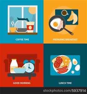 Breakfast and lunch icons set. Breakfast lunch and coffee time icons set with preparing a meal flat isolated vector illustration