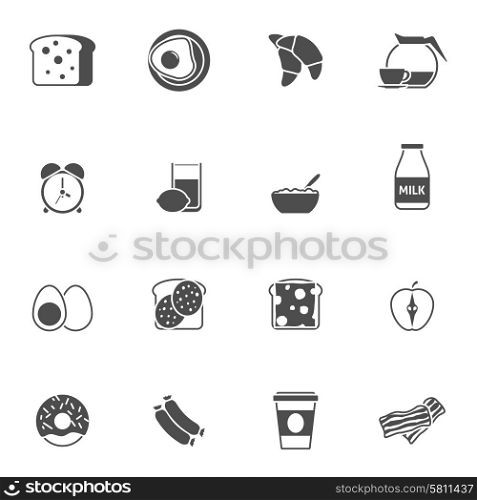 Breakfast and morning black white icons set . Breakfast and morning icons set with juice bacon and eggs black white flat isolated vector illustration