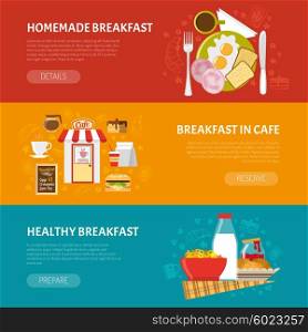 Breakfast Banners Set. Breakfast horizontal banners set with homemade and healthy breakfast symbols flat isolated vector illustration