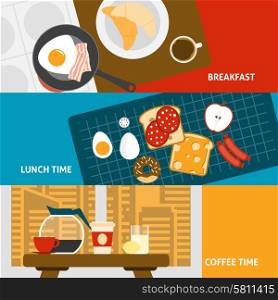 Breakfast banners set . Breakfast lunch and coffee time horizontal banners set flat isolated vector illustration