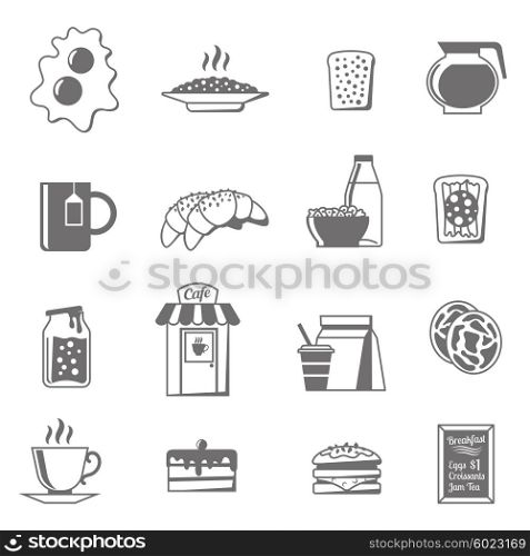 Breakfast Black White Icons Set . Breakfast black white icons set with croissants tea and jam flat isolated vector illustration