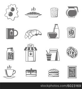 Breakfast Black White Icons Set . Breakfast black white icons set with croissants tea and jam flat isolated vector illustration