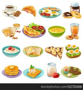 Breakfast Brunch Menu Food Icons Set. Breakfast brunch healthy start day options food realistic icons collection with coffee and fried eggs isolated vector illustration