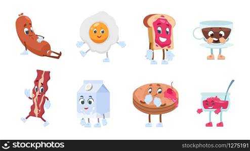 Breakfast characters. Breakfast food with cute kawaii faces, toast eggs jam milk coffee and bakery pastries. Vector illustration objects funny morning smiling food for comic illustrated. Breakfast characters. Breakfast food with cute kawaii faces, toast eggs jam milk coffee and bakery pastries. Vector funny morning smiling food