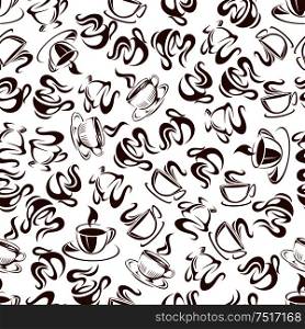 Breakfast coffee seamless pattern with brown cups of fresh brewed coffee, hot chocolate and creamy cappuccino, randomly scattered over white background. Coffee shop, morning menu decoration of kitchen interior design. Coffee, hot chocolate, cappuccino seamless pattern
